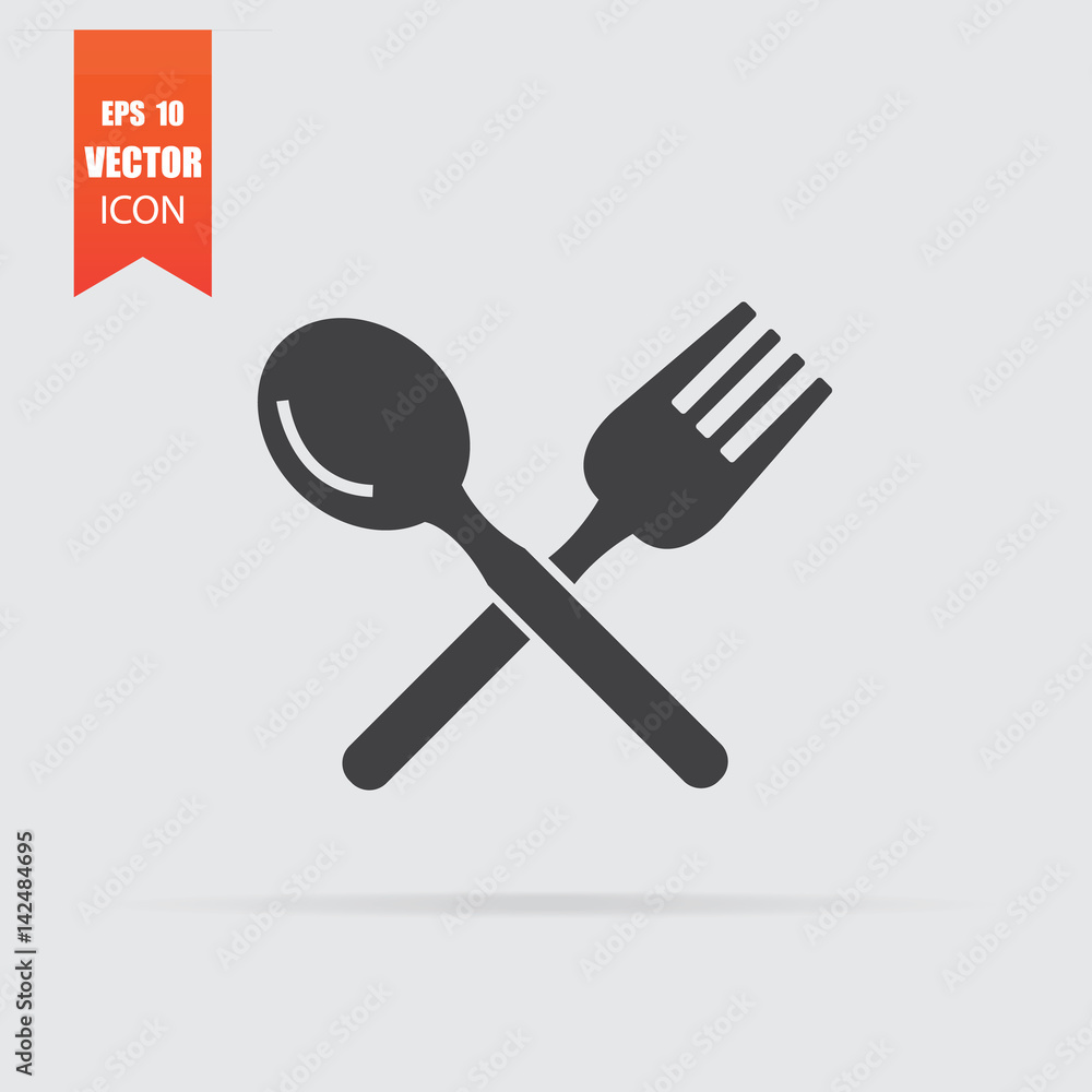Spoon and fork icon in flat style isolated on grey background. Spoon and fork icon in flat style isolated on grey background.