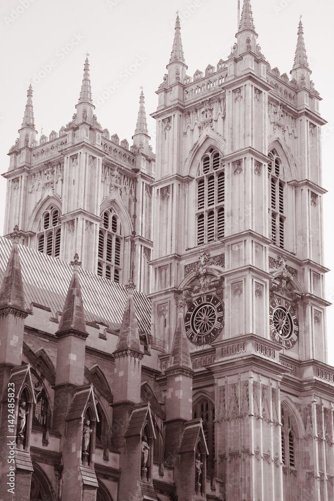 Westminster Abbey Church in sepia black and white tone, London, England