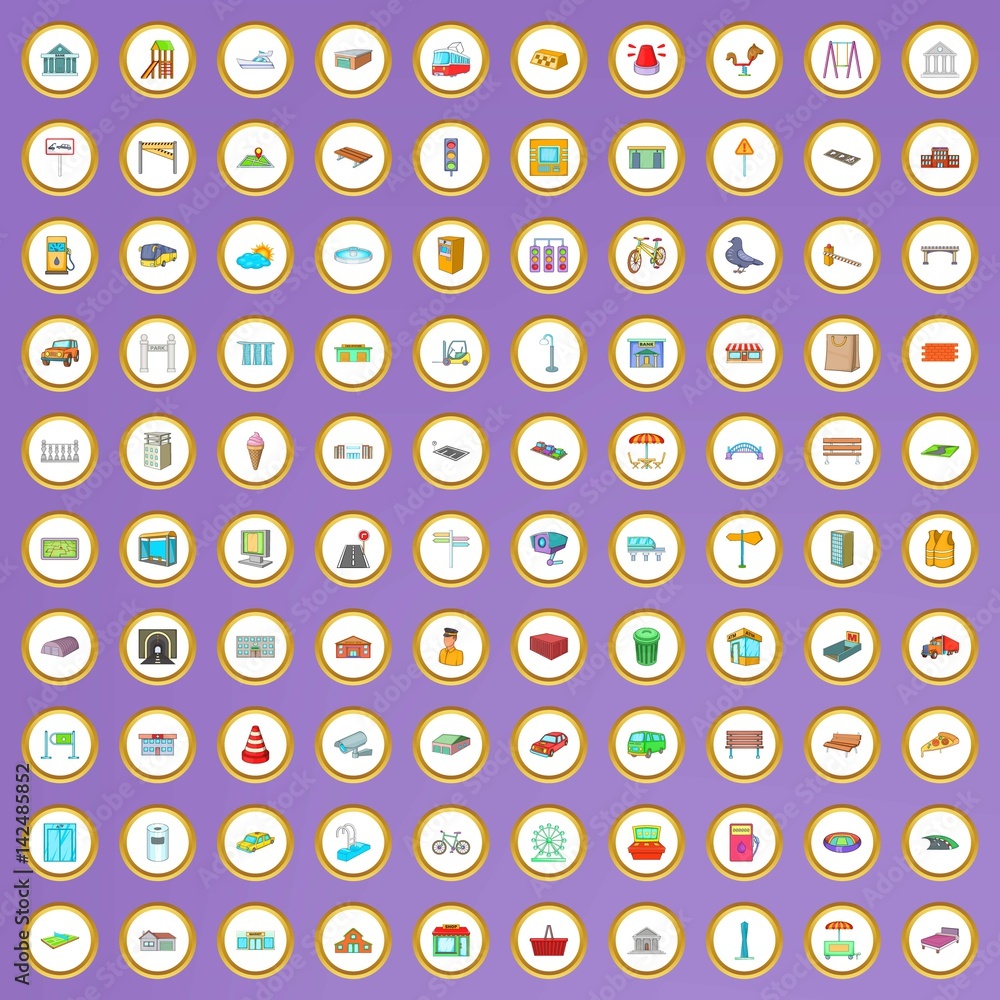 100 city element icons set in cartoon style 100 city element icons set in cartoon style