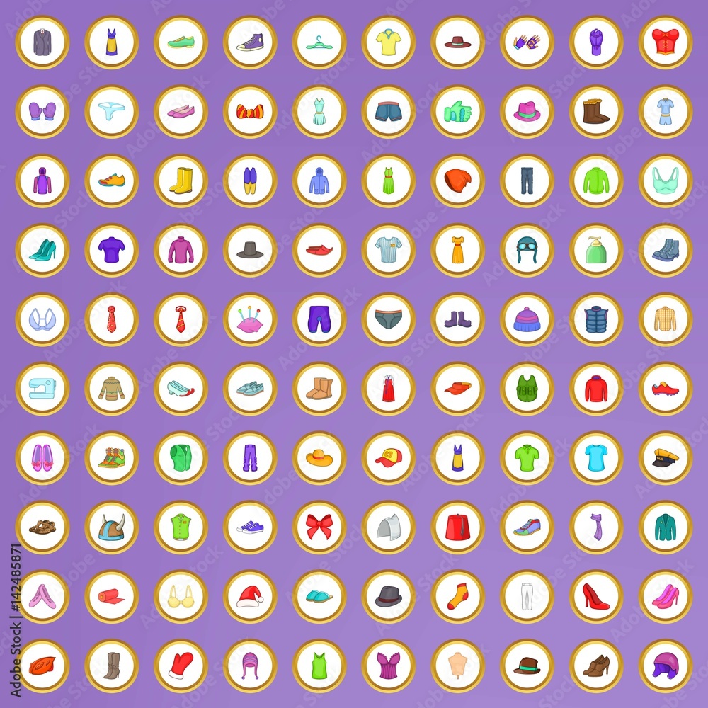100 clothes icons set in cartoon style 100 clothes icons set in cartoon style