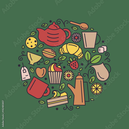 Set of tea theme. Line art draw icons in the circle.Vector illustration