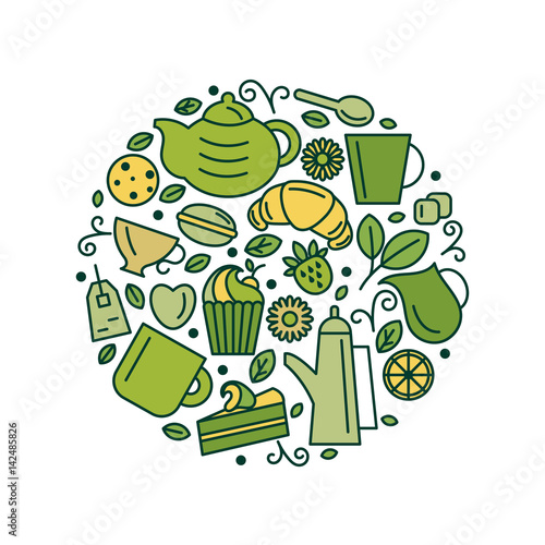 Set of tea theme. Line art draw icons in the circle.Vector illustration