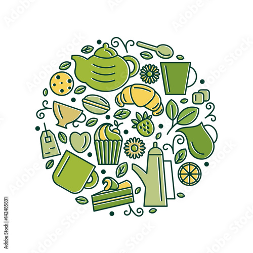 Set of tea theme. Line art draw icons in the circle.Vector illustration