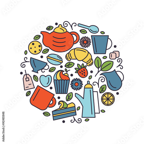 Set of tea theme. Line art draw icons in the circle.Vector illustration