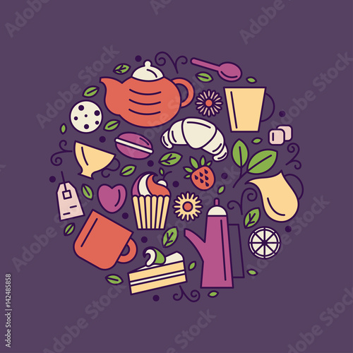 Set of tea theme. Line art draw icons in the circle.Vector illustration