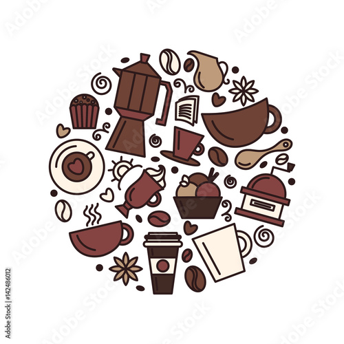 Set of coffee theme. Line art draw icons in the circle.Vector illustration