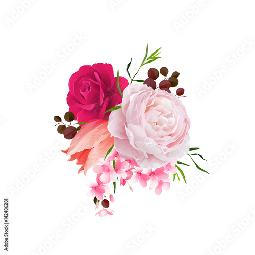 Elegance flowers bouquet of color roses and tulip . Composition with blossom flowers and branches. Vector illustration.