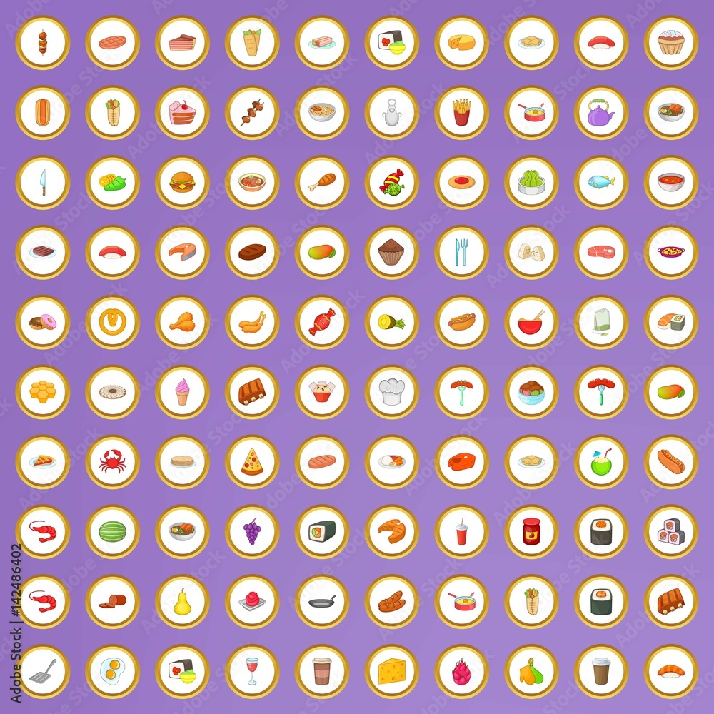 100 delicious dishes icons set in cartoon style 100 delicious dishes icons set in cartoon style