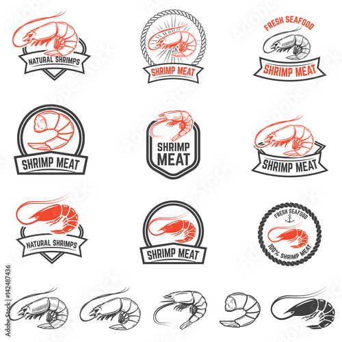 Set of the shrimps meat labels isolated on white background. Design element for logo, label, badge, sign. Vector illustration.