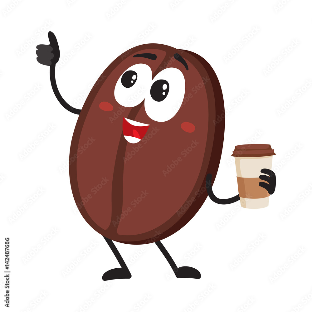 Funny coffee bean character with human face with paper cup showing thumb  up, cartoon vector illustration isolated on white background. Coffee bean  character, mascot drinking coffee from paper cup Stock Vector |