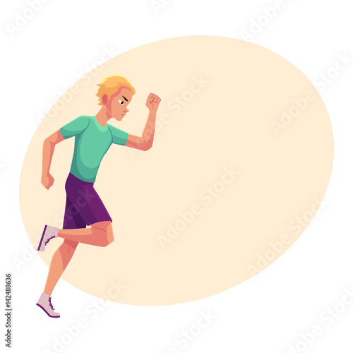 Young and handsome male runner, sprinter, jogger, cartoon vector illustration with place for text. Man running, sprinter, track and field, healthy lifestyle concept