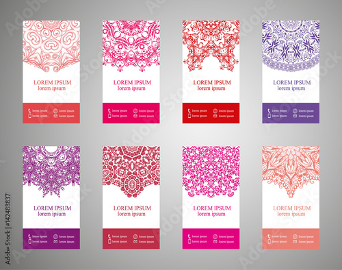 flyer, flyer, cover, pattern mandala. Oriental motif. Hand painted texture background. Set wedding invitations, postcards and business card templates. Decorative card design printing. Vector. EPS 10