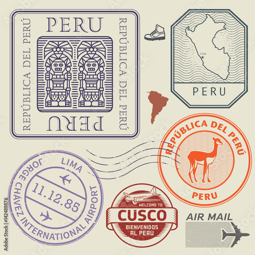 Travel stamps or symbols set Peru, South America theme