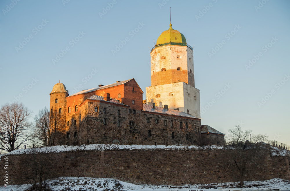 Russia Vyborg  Leningrad Oblast old castle with a high tower on the island