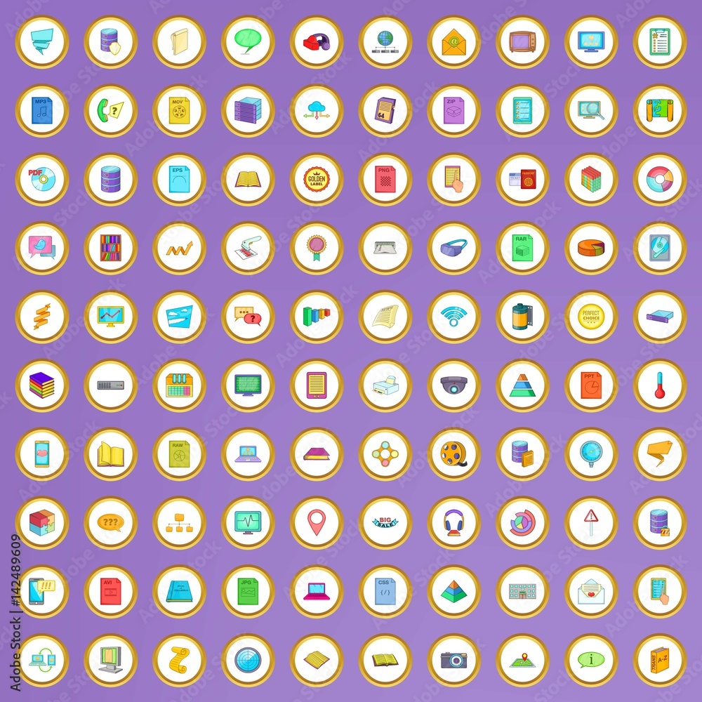 100 information icons set in cartoon style 100 information icons set in cartoon style