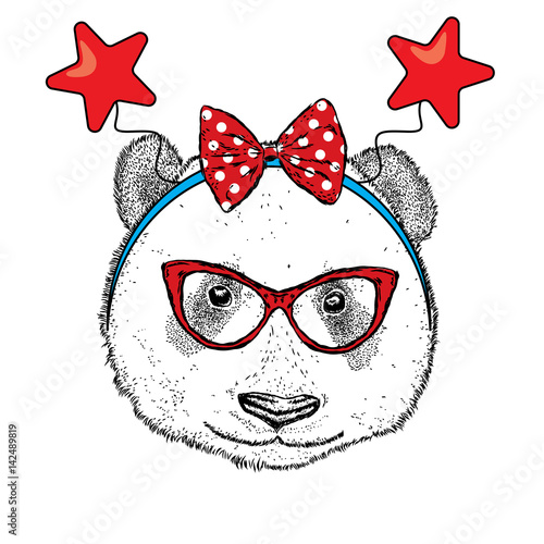 Fototapeta Naklejka Na Ścianę i Meble -  Funny panda in the festive rim with the stars. Vector illustration for a postcard or a poster.