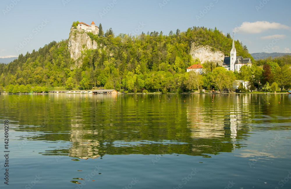 Obraz premium Lake Bled with the rocktop castle and St Martin church