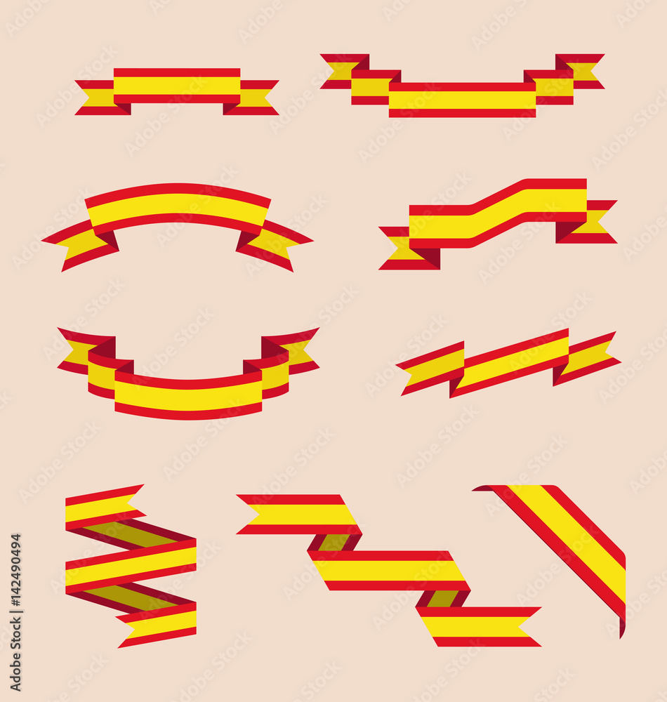 Vector set of scrolled isolated ribbons or banners in colors of Spanish flag.