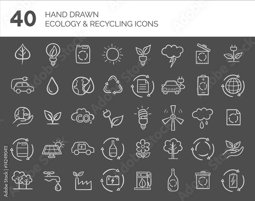 Hand drawn Ecology and Recycling icons set. Vector illustration.