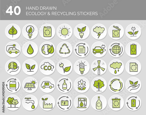 Hand drawn Ecology and Recycling button set. Vector illustration.