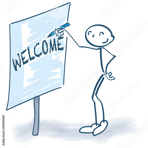Strichmännchen mit Flipchart und welcome