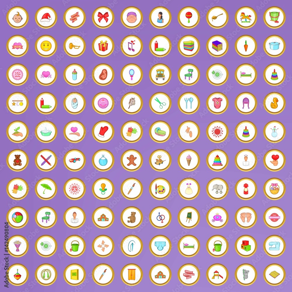 100 mother and child icons set in cartoon style 100 mother and child icons set in cartoon style