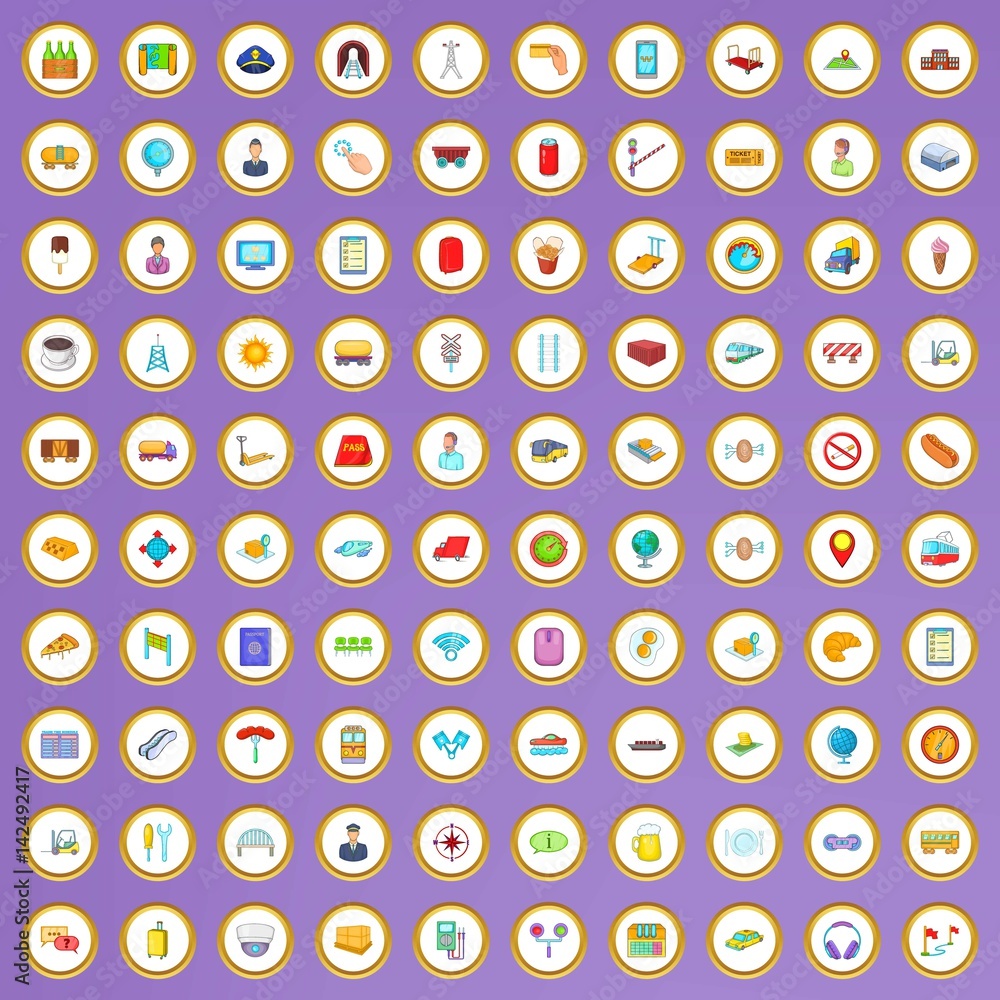 100 railway icons set in cartoon style 100 railway icons set in cartoon style