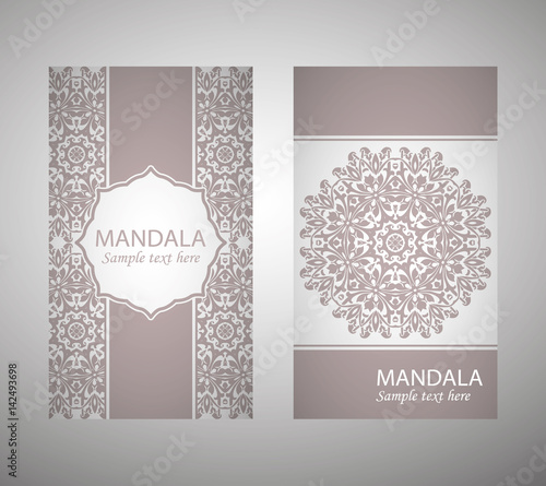 flyer, flyer, cover, pattern mandala. Oriental motif. Hand painted texture background. Set wedding invitations, postcards and business card templates. Decorative card design printing. Vector. EPS 10