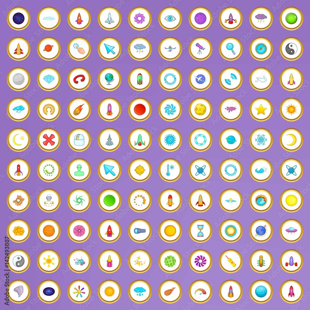 100 space icons set in cartoon style 100 space icons set in cartoon style