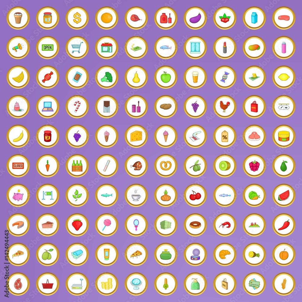 100 supermarket icons set in cartoon style 100 supermarket icons set in cartoon style