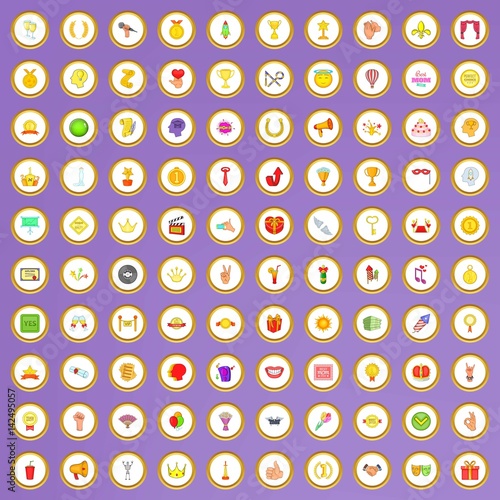 100 trophy and awards icons set in cartoon style