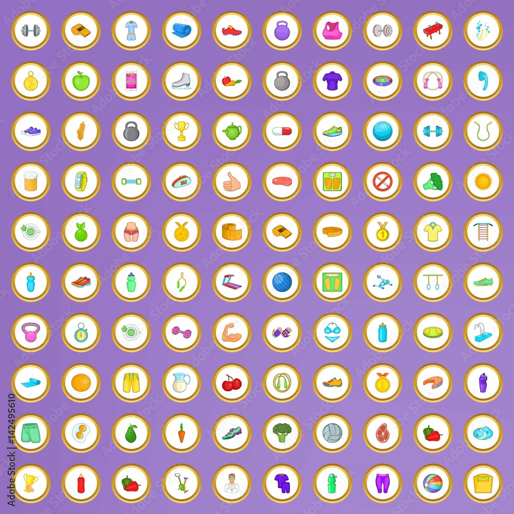 100 wellness icons set in cartoon style 100 wellness icons set in cartoon style