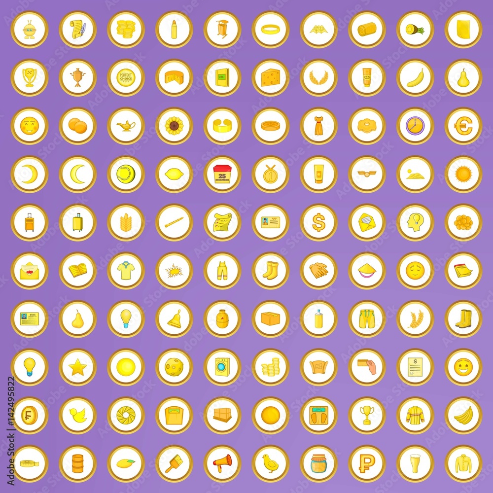 100 yellow icons set in cartoon style