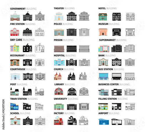 Buildings cartoon icons set