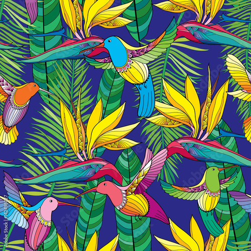Vector seamless pattern with Strelitzia reginae and colorful flying Hummingbird or Colibri in contour style on the blue background. Exotic tropical flower, palm leaves and bird for summer design. 