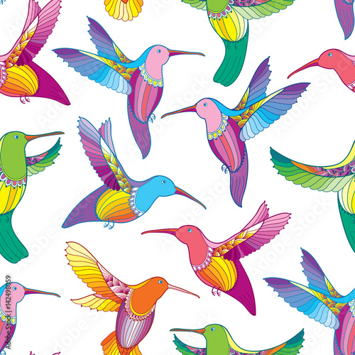 Vector seamless pattern with colorful flying Hummingbird or Colibri in contour style on the white background. Exotic tropical bird for summer design. 