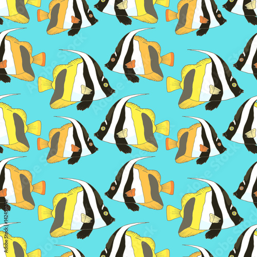 Vector seamless pattern with beautiful fish  coral fish hand drawn colorful illustration. Sketch with black and white masked bannerfish  marine animal