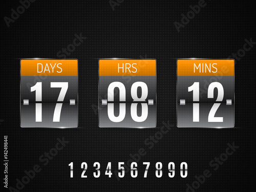 Transparent Glass Countdown timer isolated on black background. Vector template