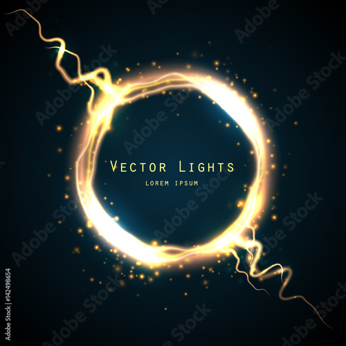 Golden glow round frame with electric discharge effect isolated