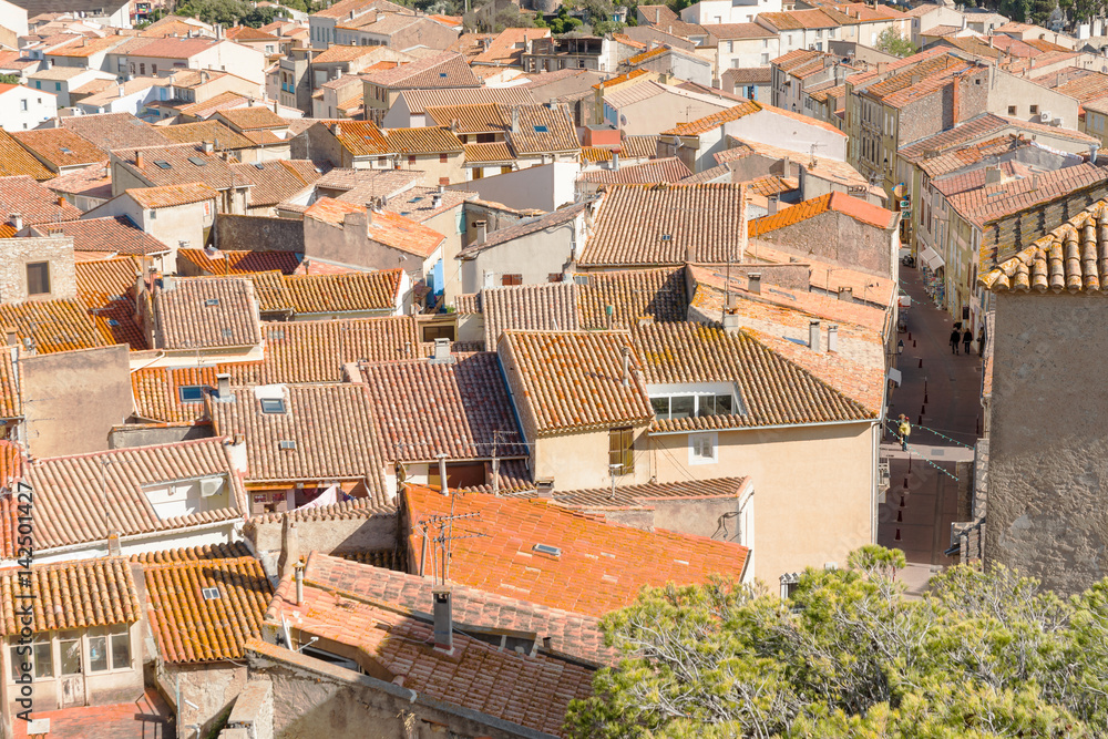View of typical Mediterranean rooftops with terracotta tiles