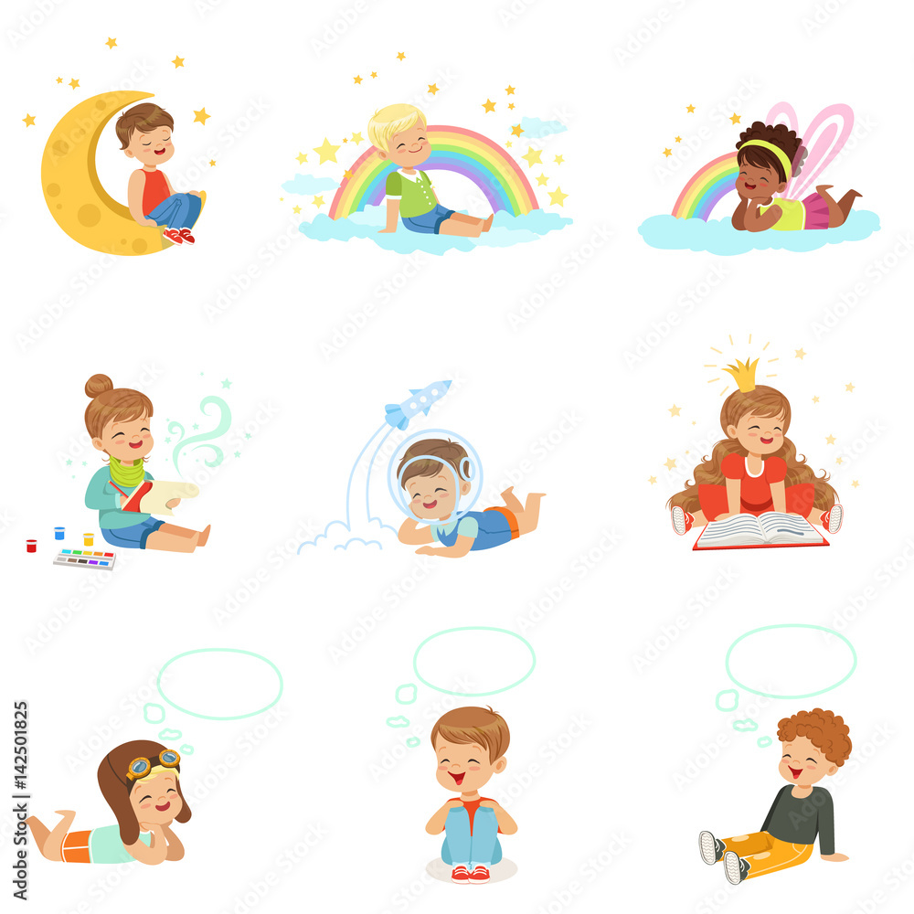 Happy kids dreaming and fantasizing. Cartoon detailed colorful Illustrations Happy kids dreaming and fantasizing. Cartoon detailed colorful Illustrations
