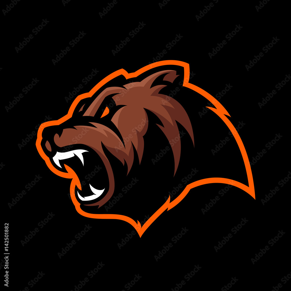Naklejka premium Furious bear head sport vector logo concept isolated on dark background. Modern predator professional team badge design. Premium quality wild animal t-shirt tee print illustration.