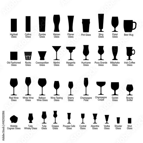 Bar glasses with names, black silhouette icons set, vector illustration