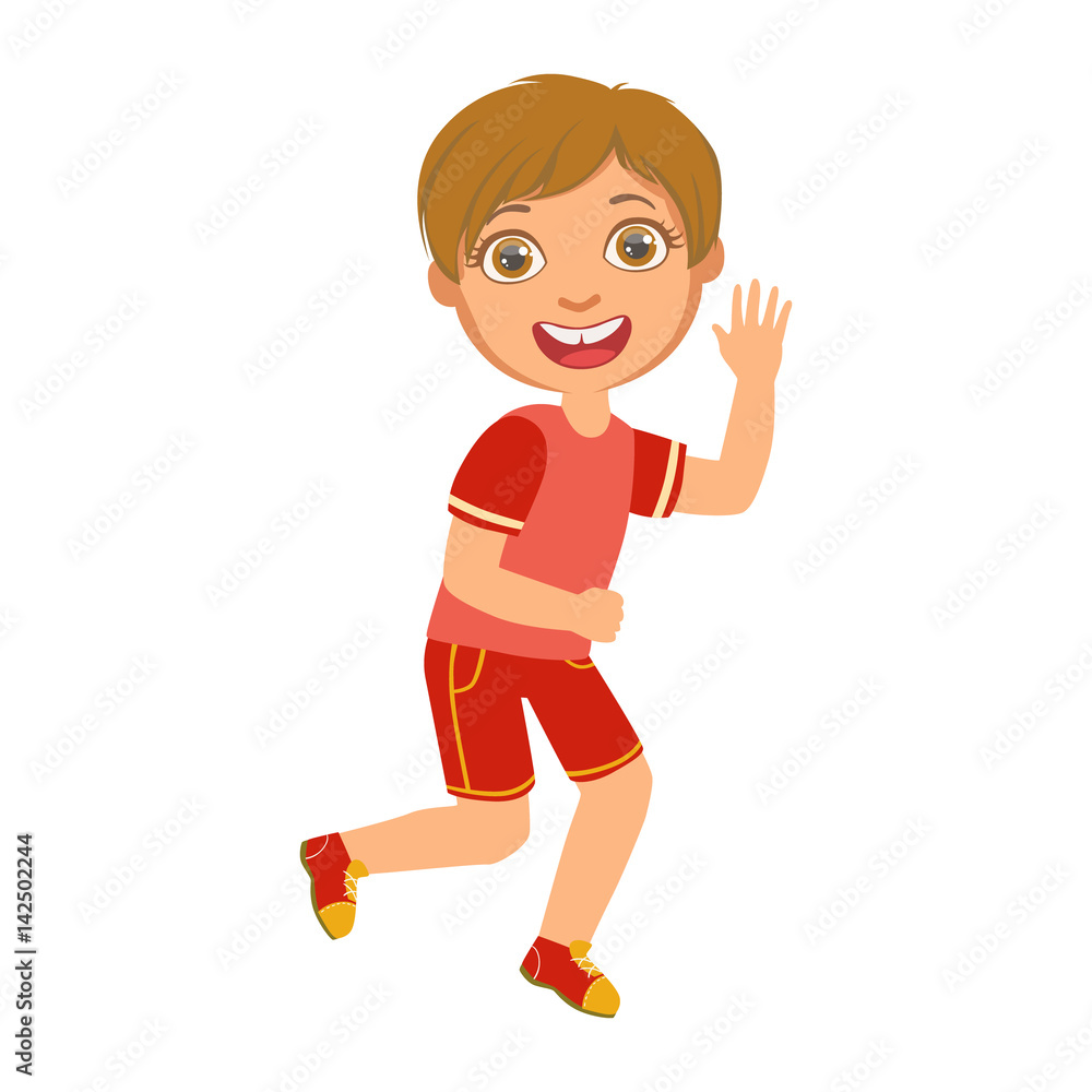 Little boy running in a red shirt and shorts and smiling, a colorful character