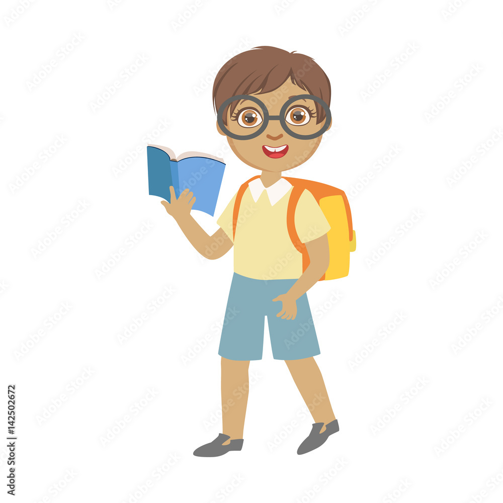 Cute schoolboy wearing glasses carrying backpack and holding blue book, a colorful character isolated on a white background