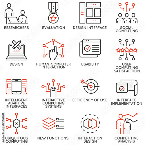 Vector set of 16 linear quality icons related to design, development, prototype of user interface and interaction. Mono line pictograms and infographics design elements