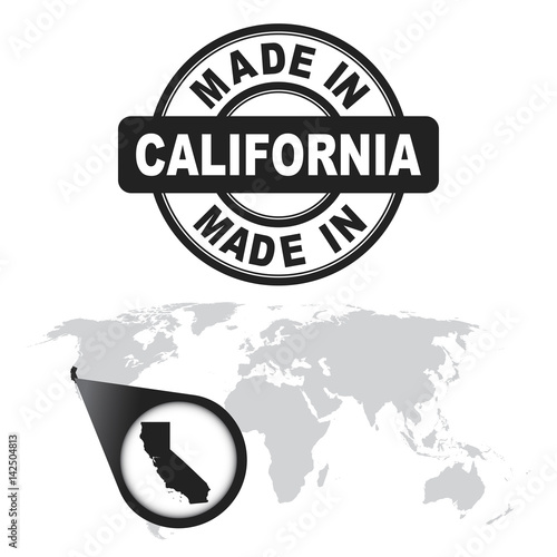 Made in California, America, USA stamp. World map with zoom on country. Vector emblem in flat style on white background.