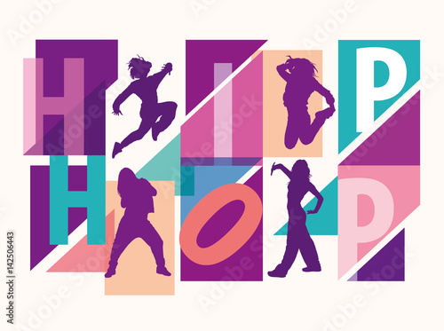 Detailed silhouettes of girls dancing among hip hop lettering