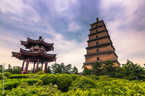 Xi'an, China - July 23, 2014: Gardens of the Big Wild Goose Pagoda temple complex