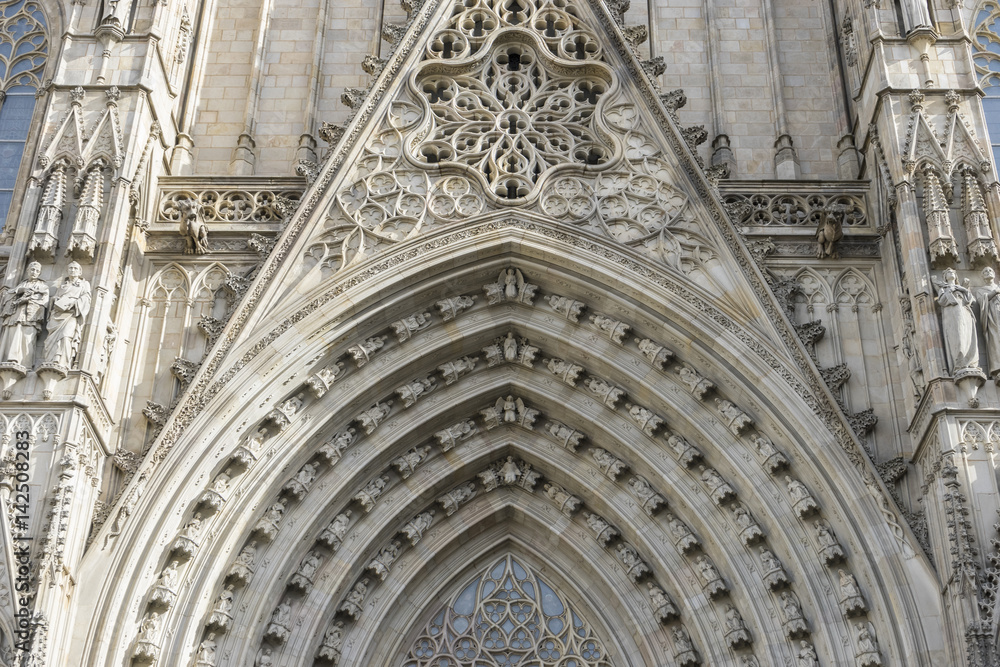 Main gate, Facade of the Cathedral of Barcelona located in the old part of the city, catalonia, spain